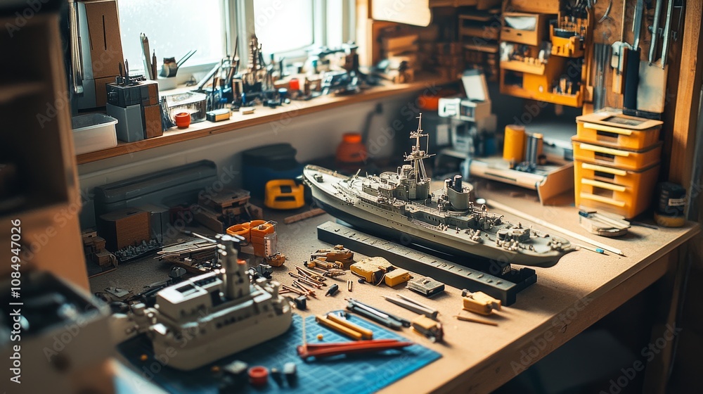 Poster a detailed model shipbuilding station in a quiet attic, model ship kits and tools neatly arranged, m
