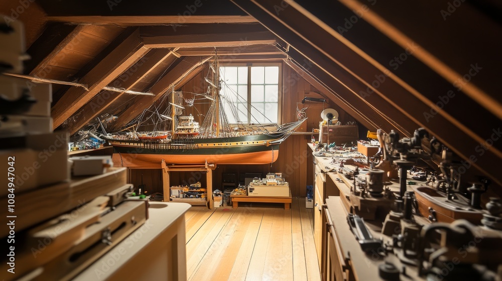 Poster a detailed model shipbuilding station in a quiet attic, model ship kits and tools neatly arranged, m