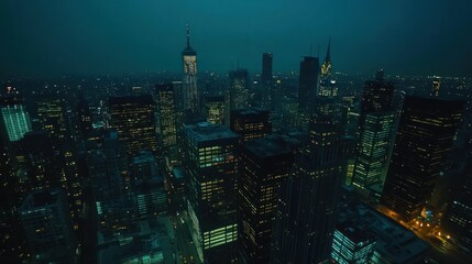 Obraz premium Nighttime Aerial View of a City Skyline with Illuminated Windows