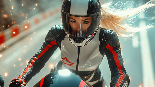 A female race driver wearing an F1-style helmet and a white racing suit with red details is riding her  motorcycle on the track, 