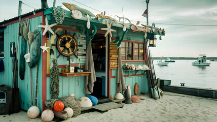 A weathered bait shop with teal and red paint, adorned with marine-themed decorations
