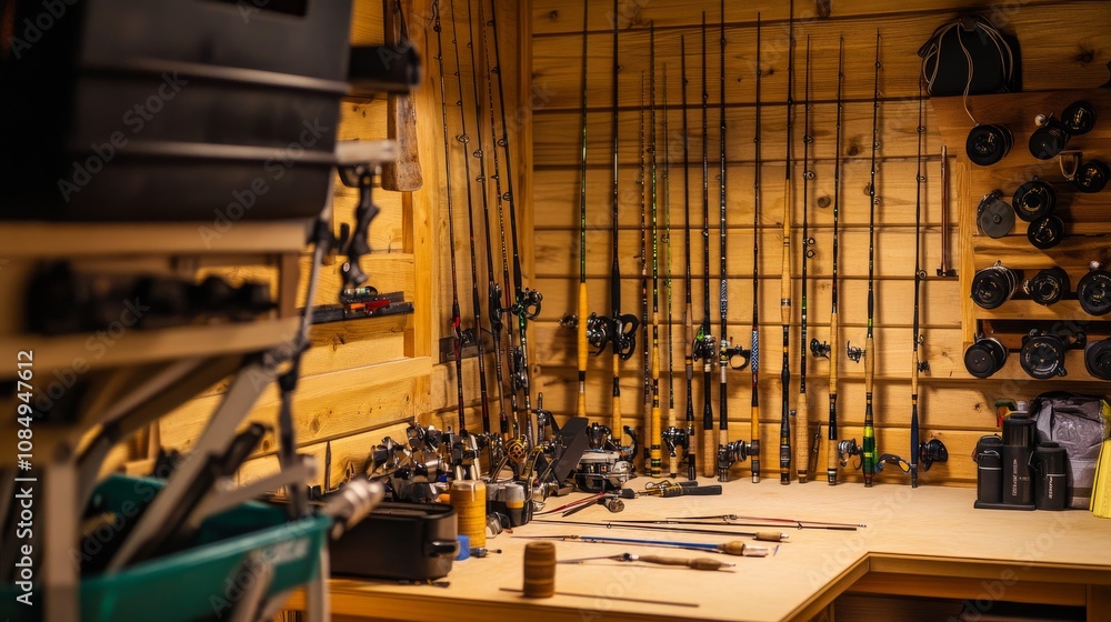 Poster a detailed room with a setup for making custom fishing rods, featuring various rod components, tools
