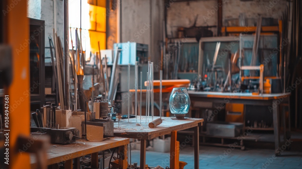 Aufkleber a detailed setup in a workshop with a variety of glassblowing tools and glass rods ready for shaping