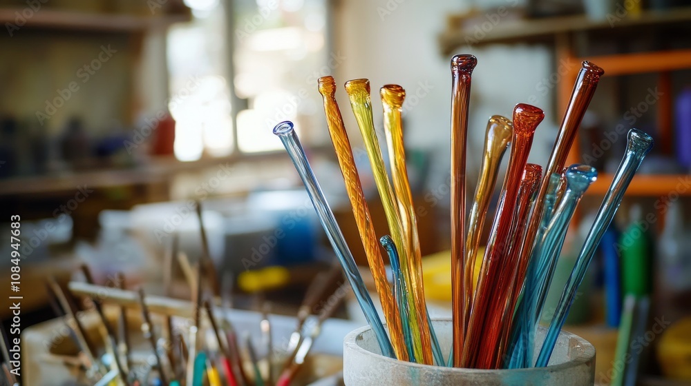 Aufkleber a detailed setup in a workshop with a variety of glassblowing tools and glass rods ready for shaping