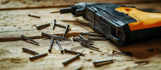 Close-up of a Nail Gun and Scattered Nails on a Wood Surface