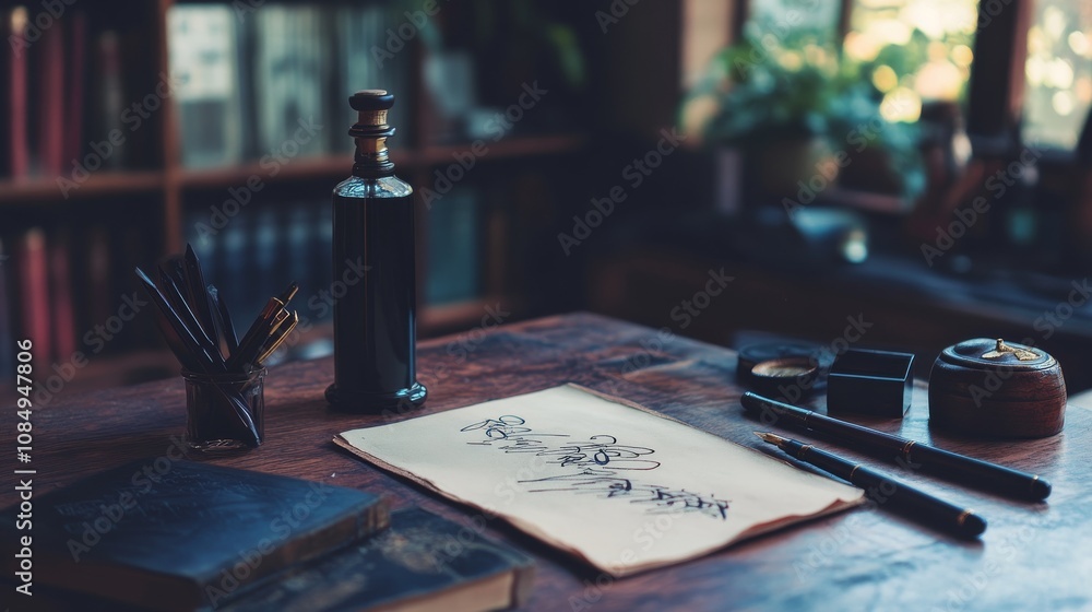 Poster a detailed setup with calligraphy pens and ink on a traditional writing desk, a calm indoor scene wi
