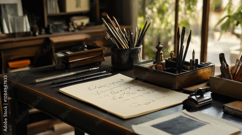 Poster a detailed setup with calligraphy pens and ink on a traditional writing desk, a calm indoor scene wi