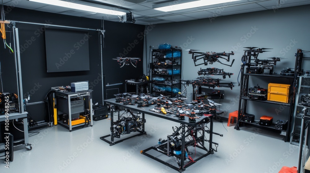 Poster A detailed studio with setups for building custom drones, featuring frames, electronics