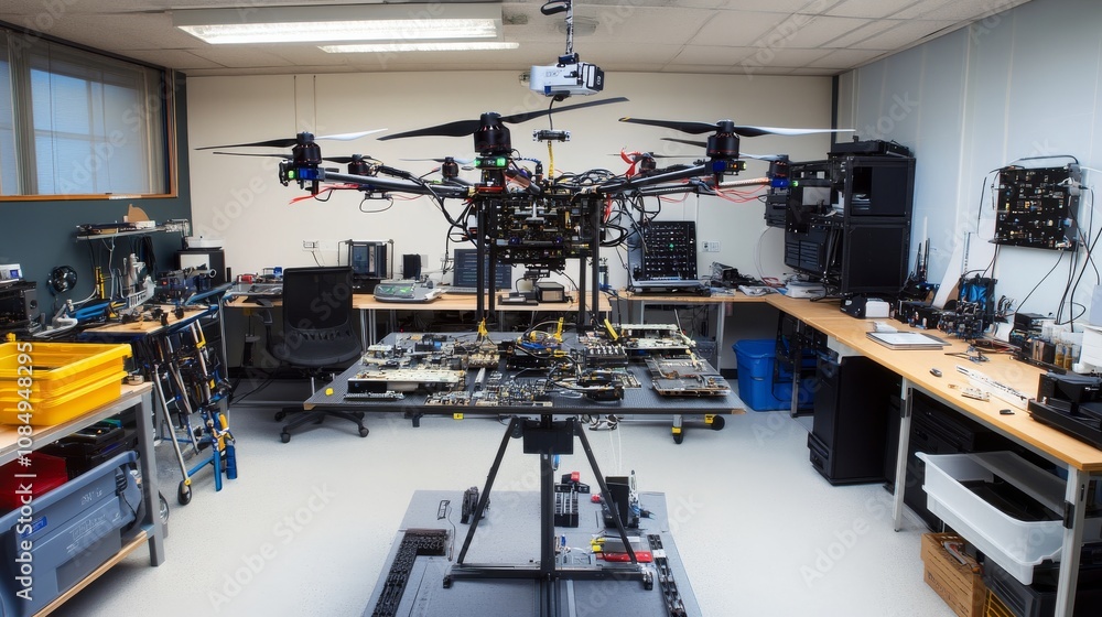 Fototapete A detailed studio with setups for building custom drones, featuring frames, electronics
