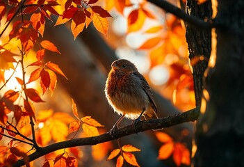 A bird rests on a tree branch, autumn colorful leaves Texas mockingbird, Honeyguide This outdoor garden.