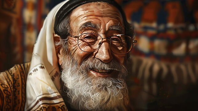 A Jewish Rabbi in Tallit and Yarmulke, Smiling with Wisdom in an Ornate Synagogue, Capturing the Essence of Serenity and Heritage
