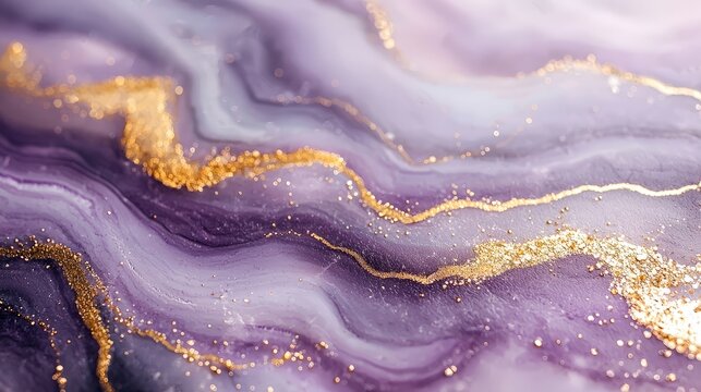 Abstract purple and gold marbled texture with flowing patterns.