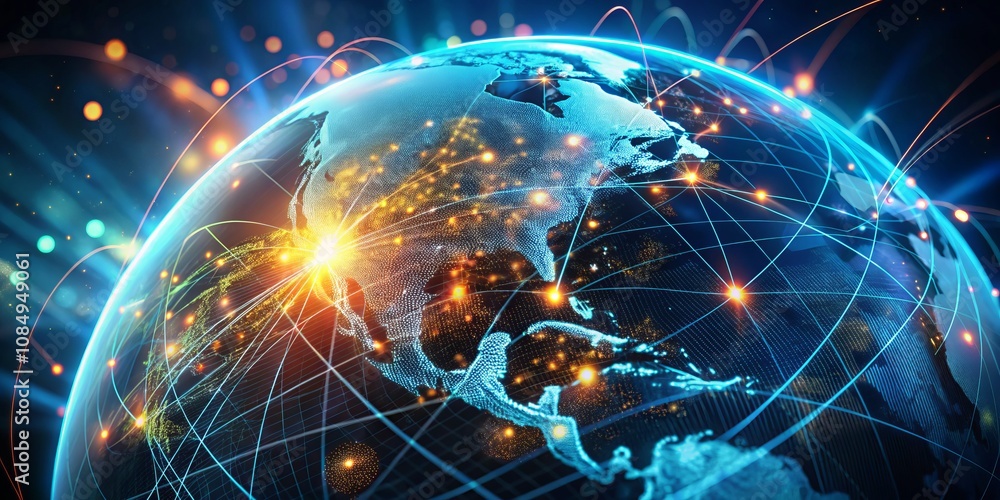 Poster a futuristic holographic globe with location pins pulsing with data streams, showcasing global netwo