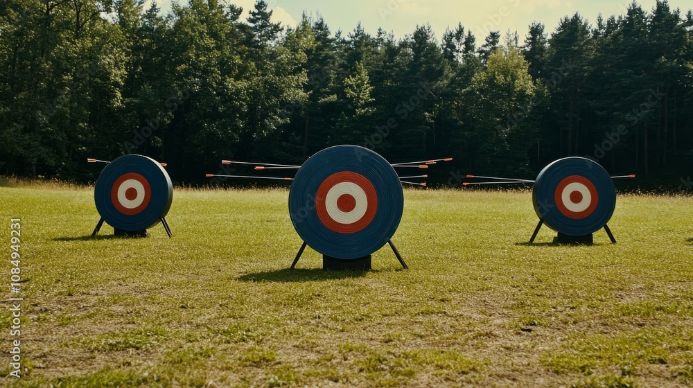 Poster a dynamic archery competition in an open field, bows and targets set for precision shooting, competi