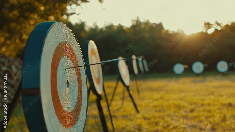 Aufkleber a dynamic archery competition in an open field, bows and targets set for precision shooting, competi