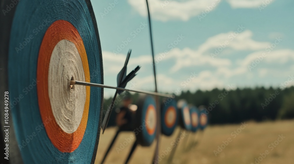 Poster a dynamic archery competition in an open field, bows and targets set for precision shooting, competi