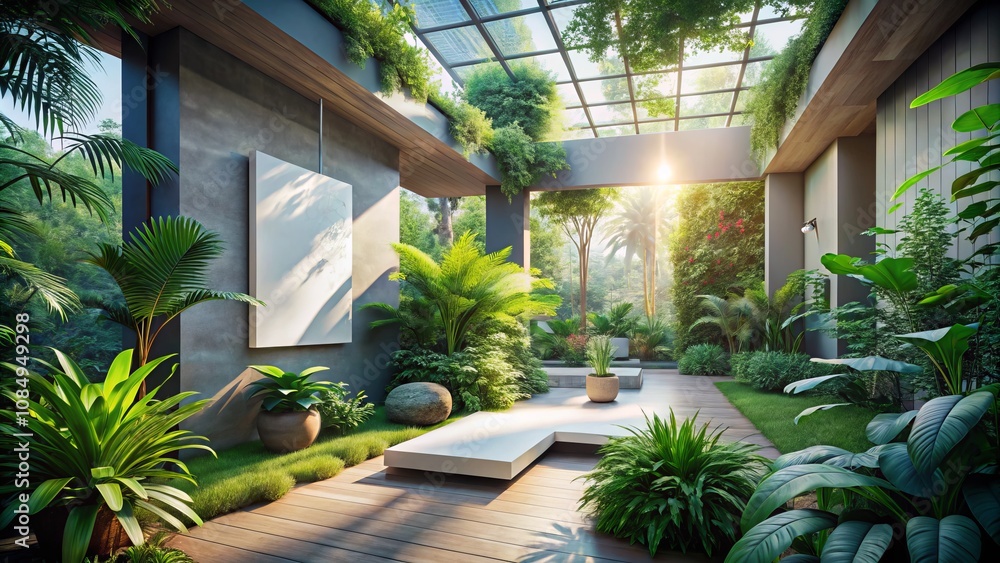 Poster a serene display of lush greenery embracing a blank canvas in an architectural setting for tranquil 