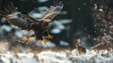 Obraz premium Golden Eagle in Flight with a Hare in a Snowy Meadow