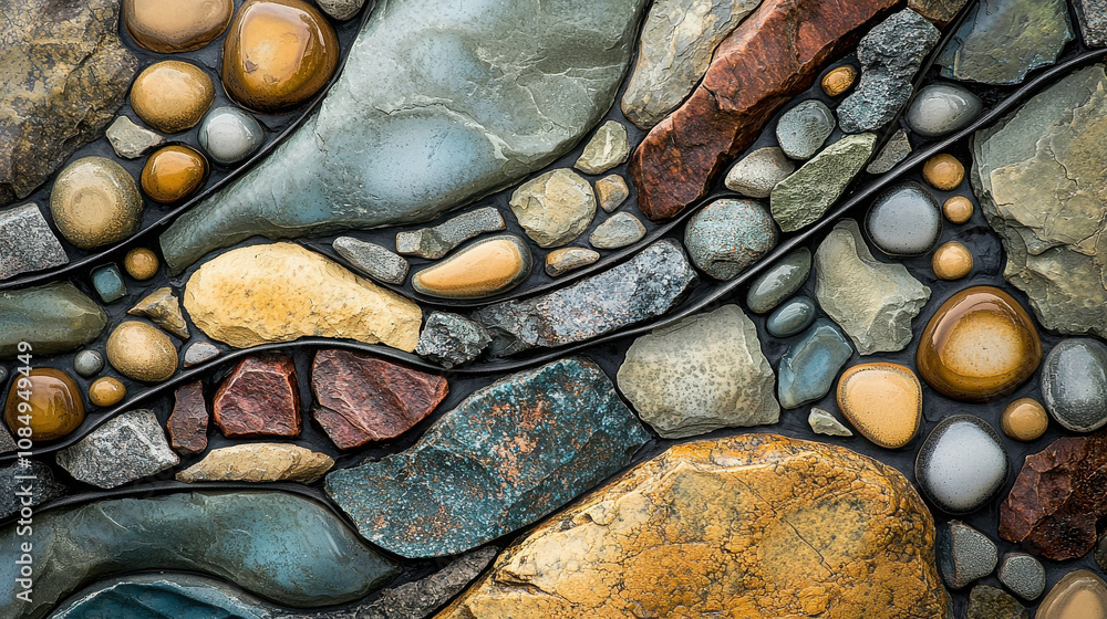 Poster abstract close-up of colorful pebbles and stones arranged in artistic pattern highlighting natural t