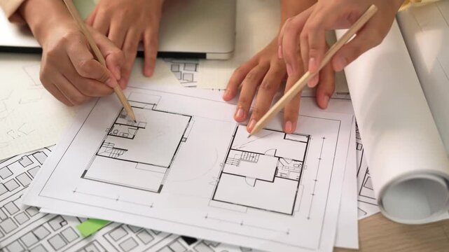 Professional engineer team discussion about house design on meeting table with architectural equipment and building blueprint scatter around at modern office. Focus on hand. Closeup. Delineation.