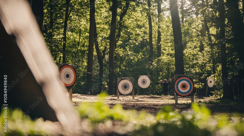 Poster a dynamic archery range with bows and targets set up in a woodland clearing, archers aiming at dista