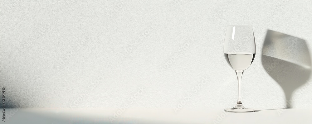 Poster a minimalist scene featuring a glass of water casting a shadow on a textured white surface, emphasiz