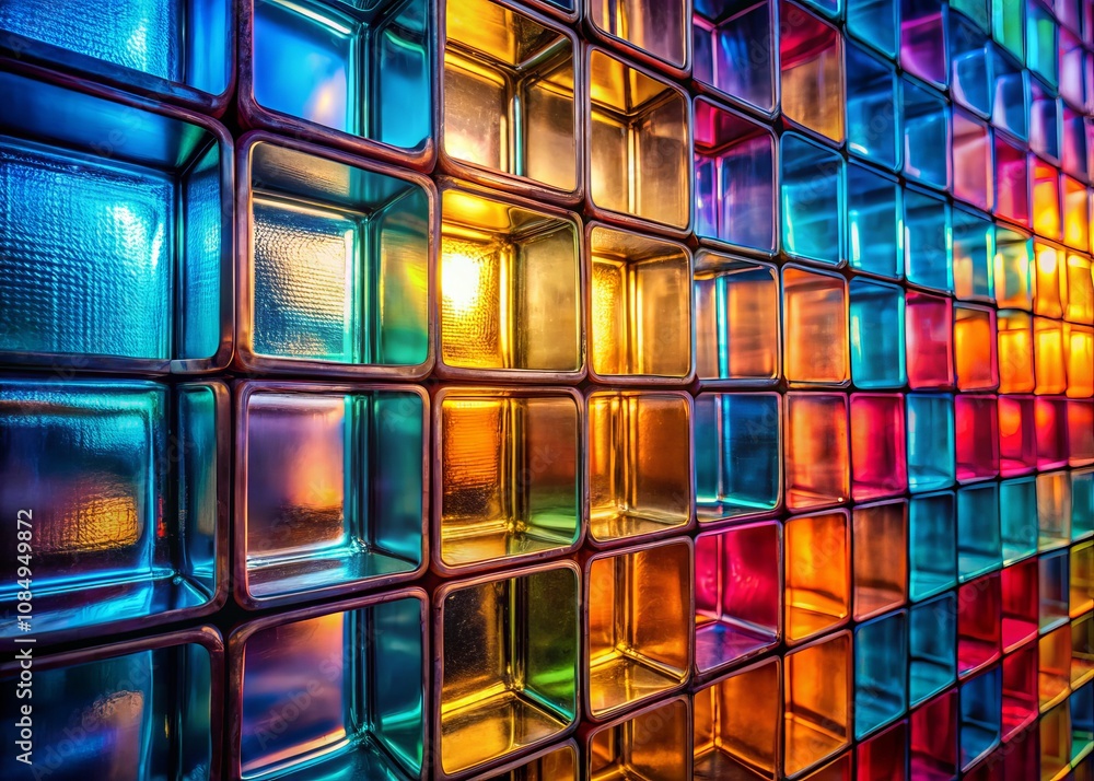 Poster abstract background with color gradient blocks of glass bricks illuminated in low light, creating a 