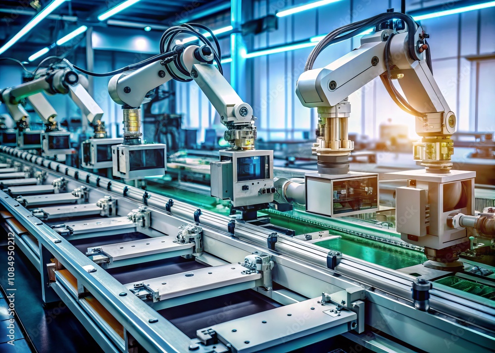 Poster advanced high precision robot arms in a vintage style pcb assembly line of a modern electronics fact