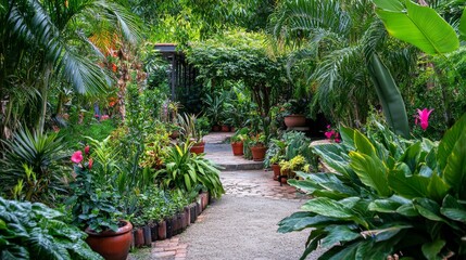 A dynamic gardening session in a lush botanical garden, Gardening tools and plants arranged for cultivation, Botanical leisure style