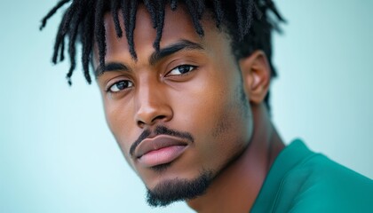 Obraz premium Young man with dreadlocks and intense gaze poses against a light blue background indoors