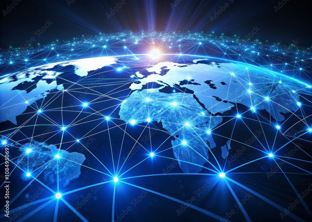 Poster aerial view of an abstract network of glowing blue lines and dots creating a complex web of connecti