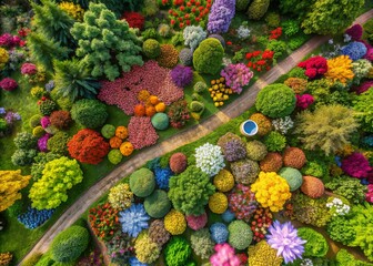 Fototapeta premium Aerial View of a Stunning Flower Garden with Vibrant Blooms and Lush Greenery, Perfect for Nature Lovers and Garden Enthusiasts to Capture the Essence of Springtime Beauty