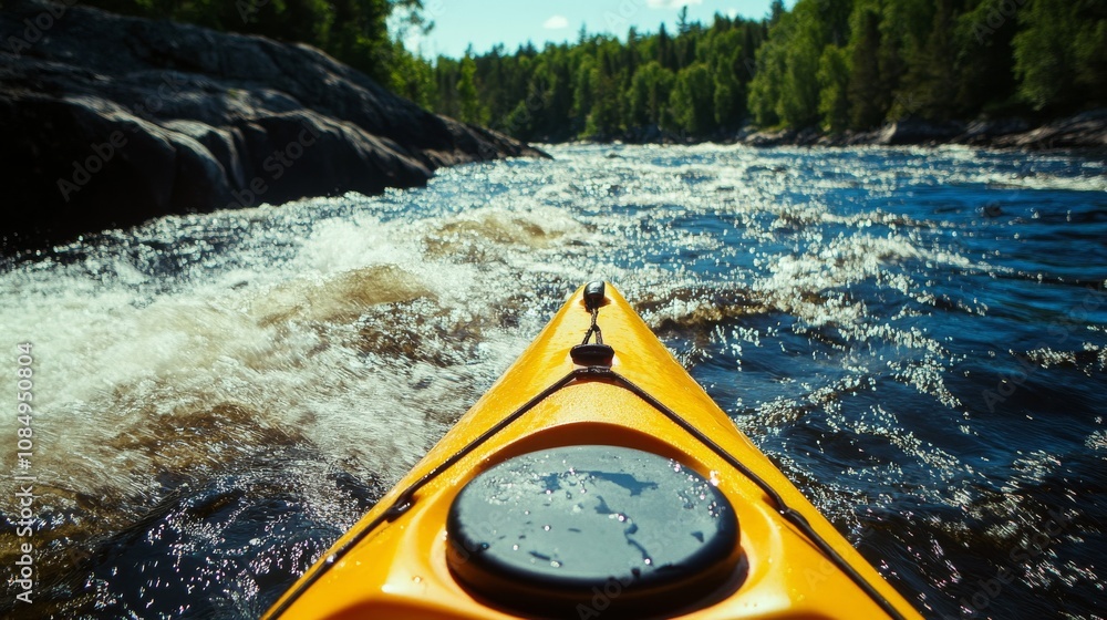 Poster a dynamic kayaking adventure through rushing river rapids, kayaks and paddles set for water adventur