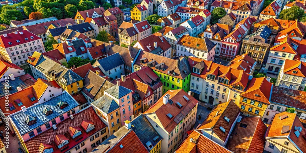Poster aerial view of colorful rooftops in a dense urban center capturing vibrant patterns and textures, id