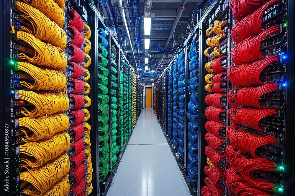 Poster in a data, network cables are connected to servers. generative ai