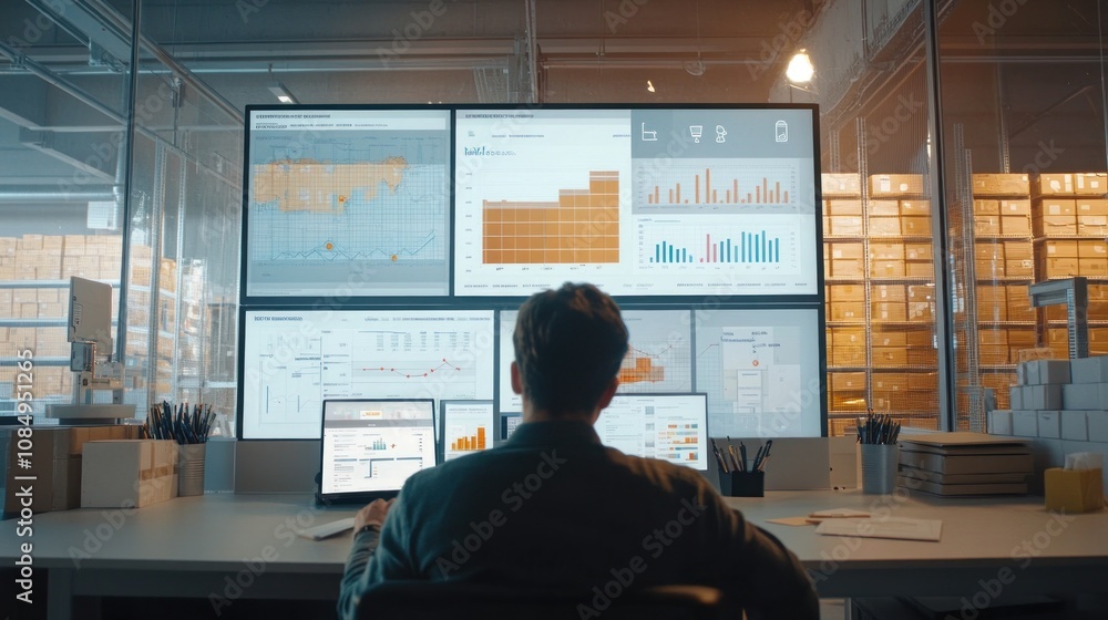 Poster a person analyzing data on multiple screens in a modern office environment.