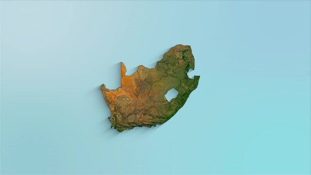 South Africa animated map showing regions forming the country with a physical map background and a chroma key alpha channel.