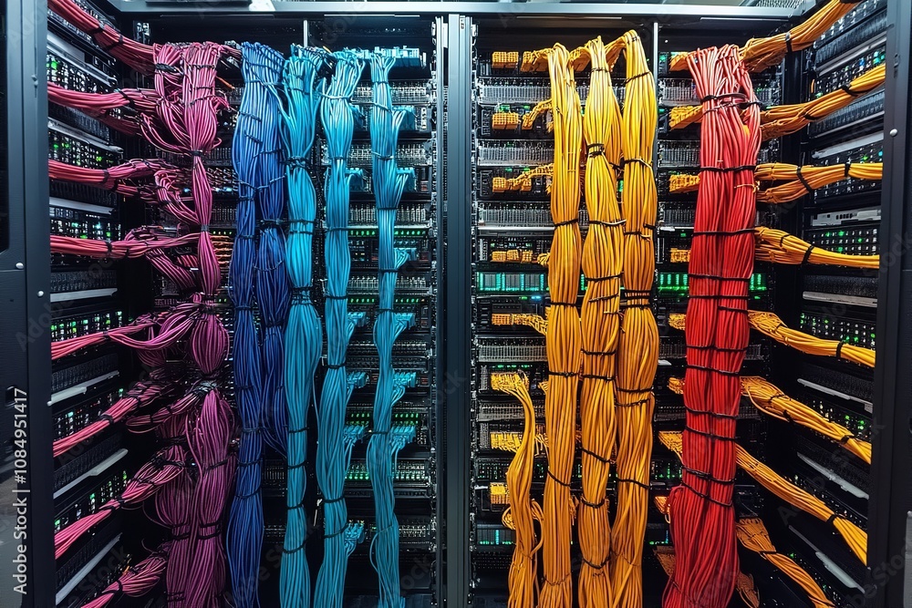Poster in a data, network cables are connected to servers. generative ai