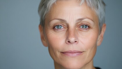 A thoughtful woman with gray hair and bright blue eyes looks directly at the viewer