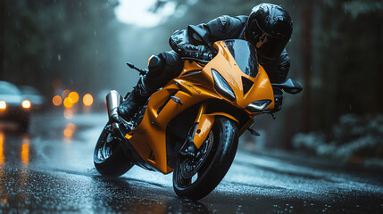 Motorcyclist on a yellow-tipped sports motorcycle, enters a turn and tilts the motorcycle,