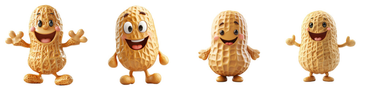3D cartoon peanut character isolated on white background.  Collection Set Png.