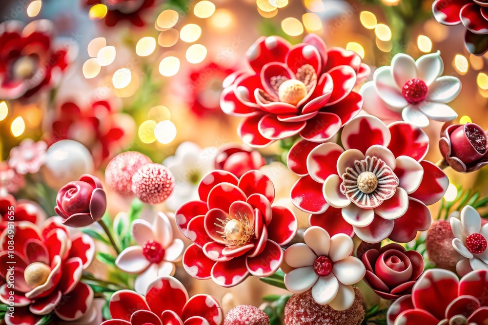 Poster captivating bokeh effect of red and white porcelain flowers creating a stunning background for your 