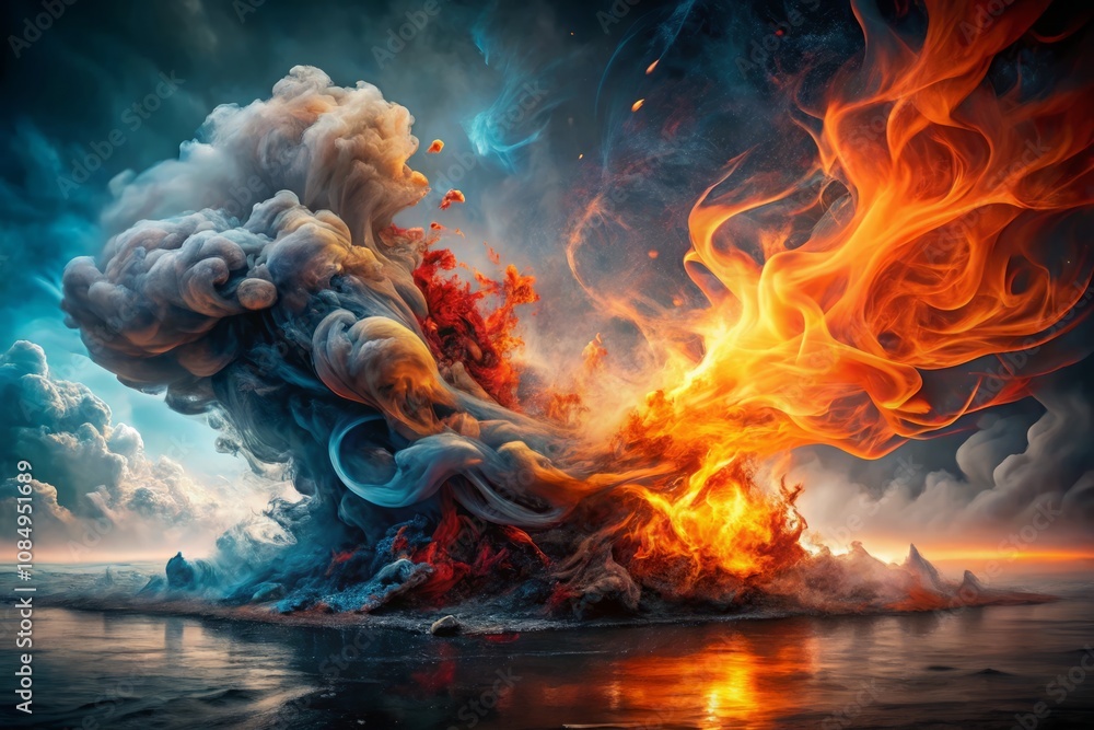 Poster captivating double exposure of abstract fire and smoke blending together in a dynamic and colorful d