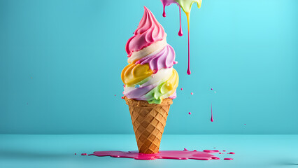 A colorful ice cream cone with rainbow colors and a drizzle of paint on it