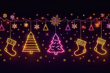Nostalgic Christmas banner with neon lights of trees, stockings, and bells glowing against a deep, dark background