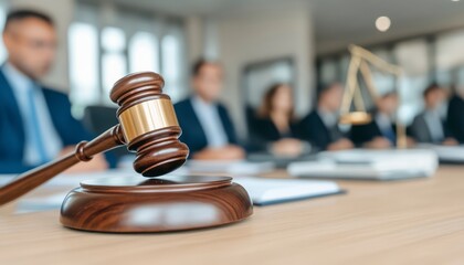 Legal meeting in a modern office with a gavel prominently displayed on the table