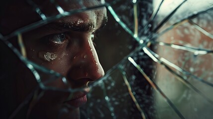 A Man Intently Watching His Reflection in a Broken Mirror: A Symbol of Self-Reflection and Fragmented Identity