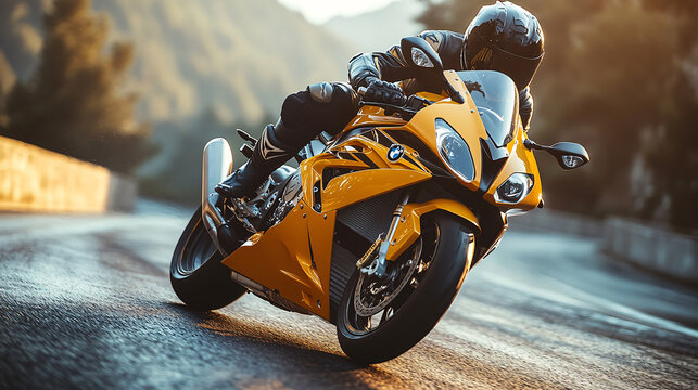 Motorcyclist on a yellow-tipped sports motorcycle, enters a turn and tilts the motorcycle,