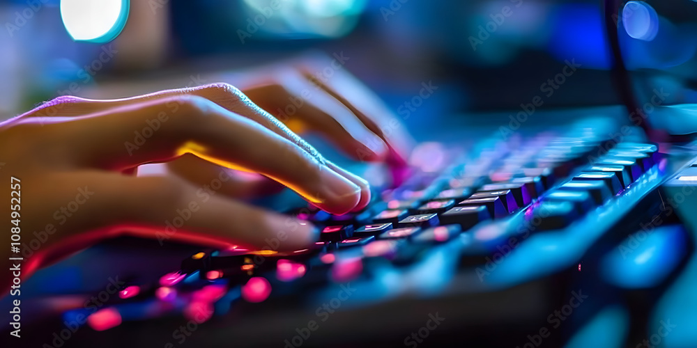 Poster a close-up of a person typing quickly on a keyboard, with motion blur highlighting the fast finger m
