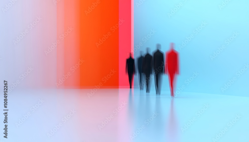 Poster figures walking through a colorful abstract space with blurred lines and shapes